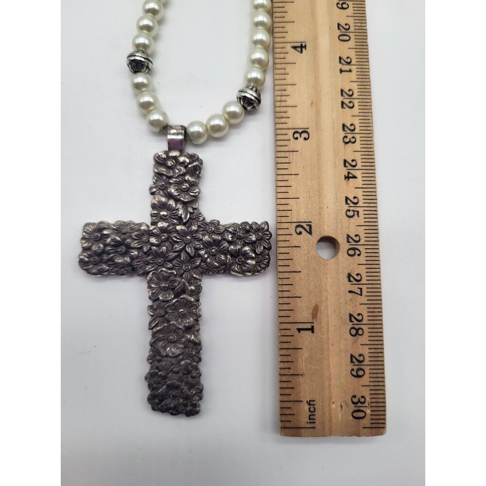 Brighton Lola Floral Cross Necklace Faux Pearl Beaded Long Statement Pendant - Picture 4 of 10